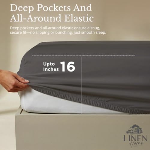 Linen Home 100% Cotton Percale Sheets Twin Size Pack of 2, Smoky Charcoal, Deep Pocket, 6 Pieces Set- 2 Flat, 2 Fitted and 2 Pillowcases, Crisp Cool and Long Staple Strong Bed Linen