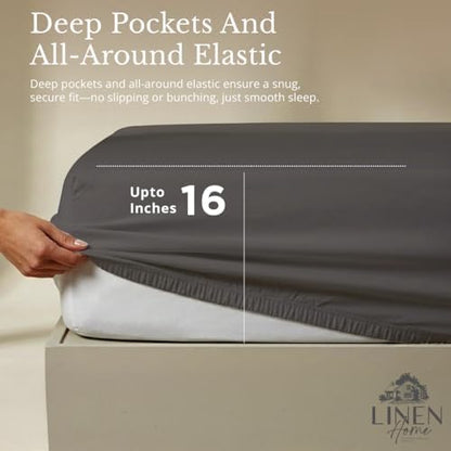Linen Home 100% Cotton Percale Sheets Twin Size Pack of 2, Smoky Charcoal, Deep Pocket, 6 Pieces Set- 2 Flat, 2 Fitted and 2 Pillowcases, Crisp Cool and Long Staple Strong Bed Linen