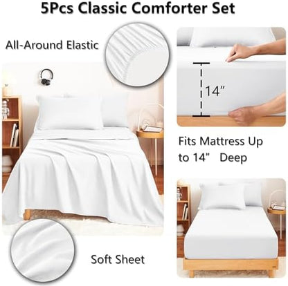 CozyLux Twin XL Comforter Set 68"x88" White - 5 Piece Bed in a Bag
