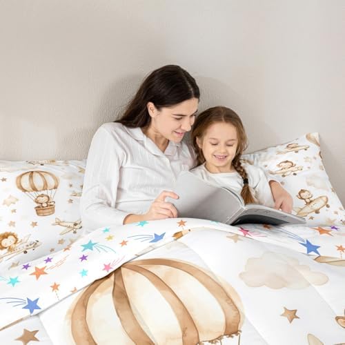 Erosebridal Kids Airplane Comforter Set Toddler, Cartoon Aircraft Bedding Set, Hot Air Balloon Star Cloud Comforter, Cute Monkey Lion Wildlife Quilt for Boys Girls Teens Adults Bedroom