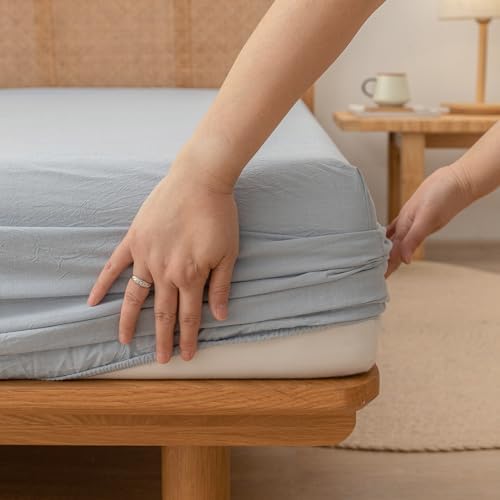 BESTOUCH King Washed Cotton Linen Feel Sheet Set 4 Pcs Cornflower Blue