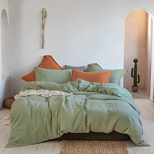 Simple&Opulence 100% Linen Duvet Cover Set 2pcs Basic Style Natural French Washed Flax Solid Color Soft Breathable Farmhouse Bedding with Button Closure - Sage Green, Twin