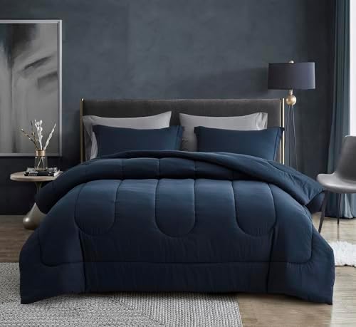 Maple&Stone Oversized Queen Comforter Set 7 Pieces Navy Bed in a Bag
