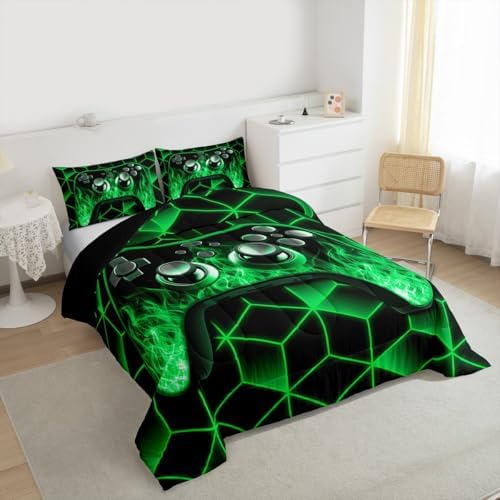 Green Gaming Comforter Set for Boys, Neon Geometric Toddler Bedding, 3D Geometric Kids Comforter Set with Flame Gaming Consoles Decor