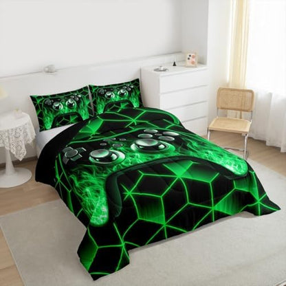 Green Gaming Comforter Set for Boys, Neon Geometric Toddler Bedding, 3D Geometric Kids Comforter Set with Flame Gaming Consoles Decor