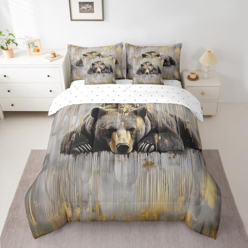 Erosebridal 7 Piece Grizzly Bear Comforter Set Full Hunting Bear Bedding Set Country Farmhouse Woodland Animal Bed in a Bag Vintage Golden Paint Sheet Set with Comforter Rustic Cabin Decor