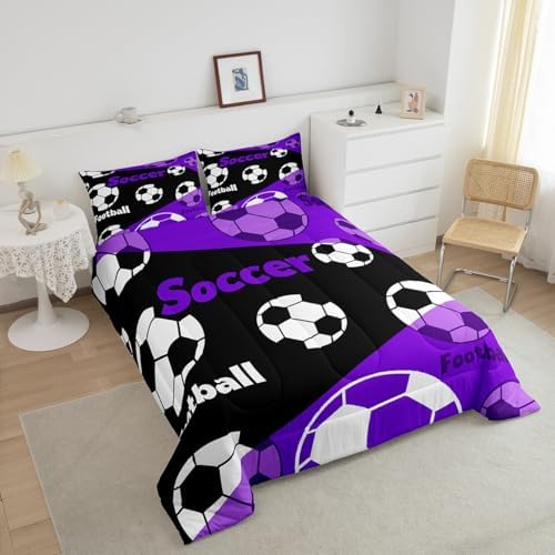 Manfei Teens Soccer Comforter Set Toddler Size, Black White Football Bedding Set 2pcs, Sports Theme Purple Down Comforter All Season, Kids Boys Adult Room Decor, Soft and Lightweight, 1 Pillowcase