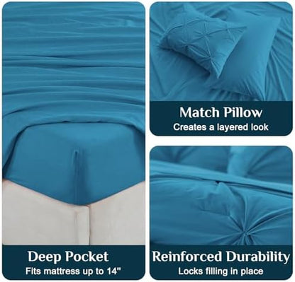 JOLLYVOGUE King Size Comforter Set 7 Pieces - Bed in a Bag King for All Season, Pintuck Bedding Comforter Sets with Comforter, Flat Sheet, Fitted Sheet and Pillowcases & Shams, Teal
