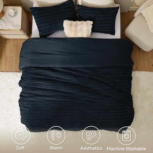 BEDELITE Faux Fur King Size Comforter Set, Fluffy Bed Set, Navy