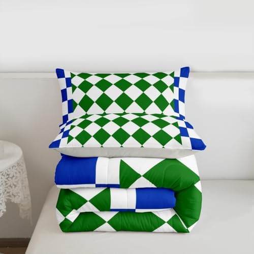 Feelyou Checkered Geometric Bedding Set for Boys Girls Blue Green Plaid Comforter Set Toddler Size Checkerboard Modern Aesthetic Duvet Quilt Reversible Grey Bedroom Decor 2 Pcs with 1 Pillow Cases