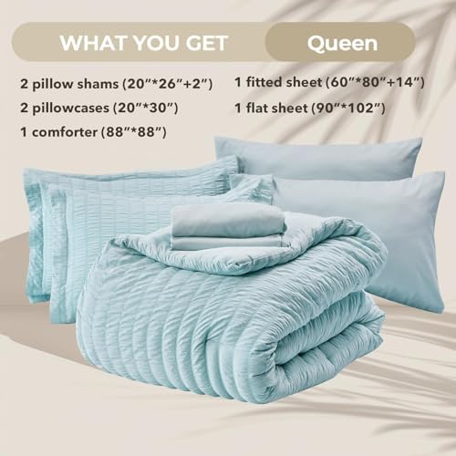 HYMOKEGE Lake Blue Queen Comforter Set Seersucker 7 Pieces, All Season Luxury Bed in a Bag for Bedroom, Bedding Set with Comforters, Sheets, Pillowcases & Shams
