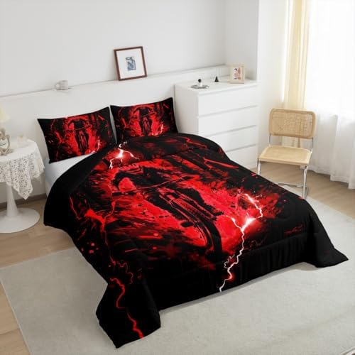 Feelyou Dirt Bike Kids Bedding Set,Boys Girls King Size,Extreme Sports Comforter Set,Motorcycle Ultra Soft Duvet Quilt,Racing Motocross Comforter Motorbike Bedroom Decor Red