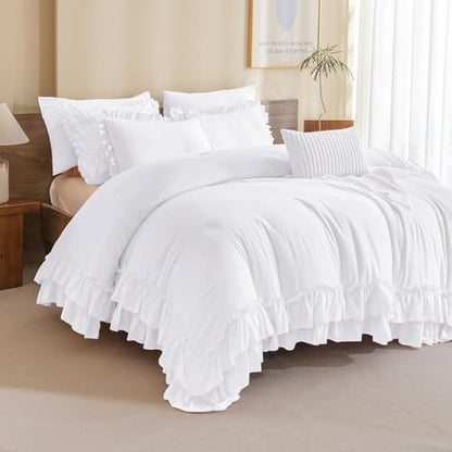 Masaca Ruffled Queen Comforter Set,Farmhouse Shabby Boho Chic Bedding Ultra Soft Fluffy French Country Ruffle Comforter Set 3-Piece (1 Bright White Comforter+2 Ruffle Pillow Shams)