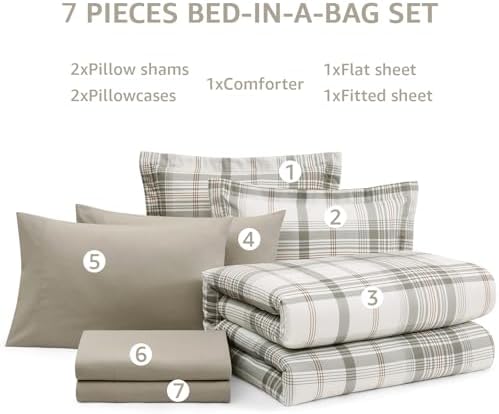 Plaid Full Size Comforter Set Grey White 7 Pieces Farmhouse Bed in a Bag