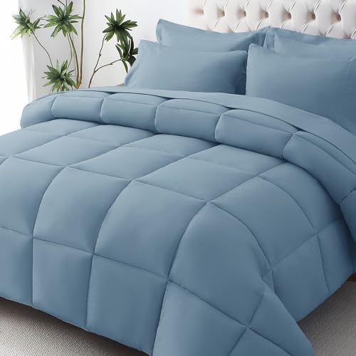 JOLLYVOGUE Queen Comforter Set, Ultra-Soft Bed in a Bag Queen Size 7 Pieces, Oeko-TEX Certified Bedding Set with Down Alternative Comforter, Sheets, Pillowcases & Shams, Dusty Blue