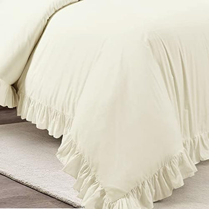 Lush Decor Reyna Ruffle Cotton Duvet Cover Set 3 Piece Set Full/ Queen, Ivory - Queen Size Bedding Set - Cream Duvet Queen- Ruffled Bedding - Coquette Decor