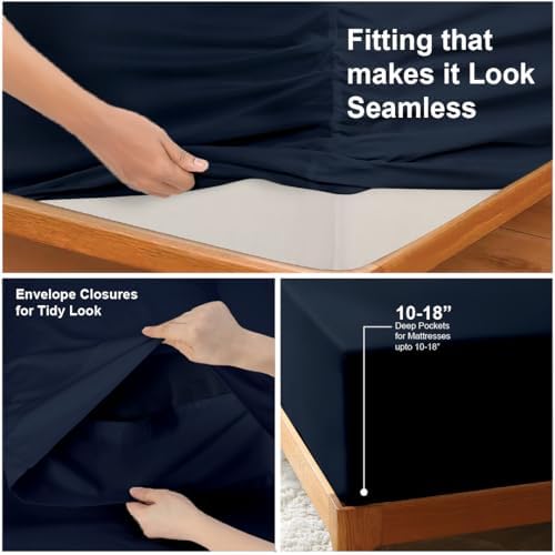 NON Sticky cotton Full 4 Piece Sheet Set, 100% Long Staple Cotton, Soft Cooling Hotel Luxury Bedding Sheets, Deep Pocket Fits 10" to 18" Mattress, 54" x 75", Navy Blue Solid