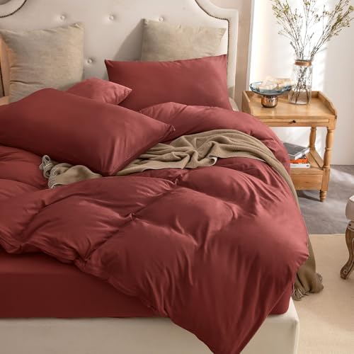PURE ERA Jersey Knit Duvet Cover Set Solid Brick Red Queen