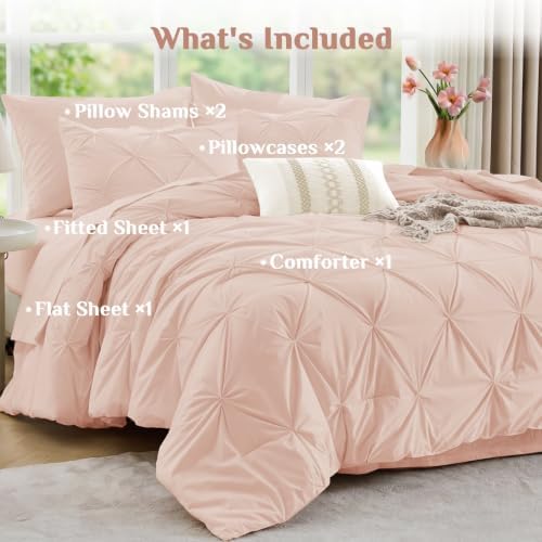 JOLLYVOGUE Full Size Comforter Sets 7 Pieces - Bed in a Bag Full for All Season, Pintuck Bedding Comforter Sets with Comforter, Flat Sheet, Fitted Sheet and Pillowcases & Shams, Blush Pink