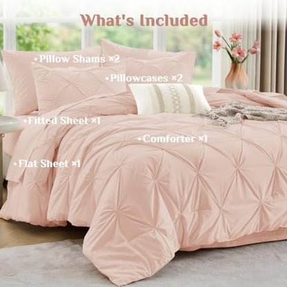 JOLLYVOGUE King Size Comforter Set 7 Pieces - Bed in a Bag King for All Season, Pintuck Bedding Comforter Sets with Comforter, Flat Sheet, Fitted Sheet and Pillowcases & Shams, Blush Pink
