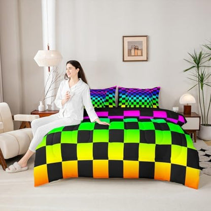 Multicolored Checkered Retro Comforter Set with Sheets 7 Piece Full Size Geometric Vintage Bed in a Bag Kids Boys Girls Colorful Bedding Set Modern Groovy Aesthetic Bedroom Decor Breathable Soft