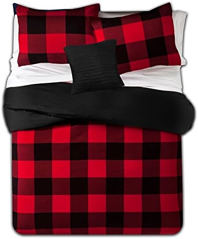 7 Piece Comforter Set Bag Solid Color All Season Soft Down Alternative Blanket & Luxurious Microfiber Bed Sheets, Full, Buffalo Plaid Burgundy/Black