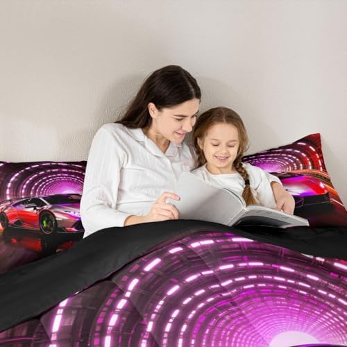 Feelyou Boys Sports Car Comforter Set King Size Pink Racing Car Bedding Set for Kids Boys Girls Extreme Sports Duvet Quilt Automobile Bedroom Decor Microfiber 3 Pcs with 2 Pillow Cases
