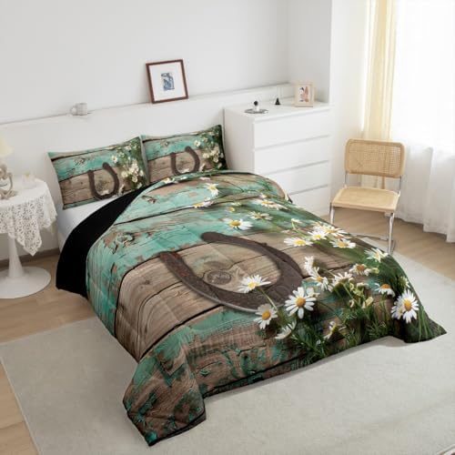 Rustic Farmhouse Bedding Set Teal Country Wooden Barn Door Down Comforter Twin Western Horseshoe Daisy Decor Comforter Set for Kids Boys Girls Teen Cowboys Cowgirls Quilt Duvet Sets 1 Pillow Case