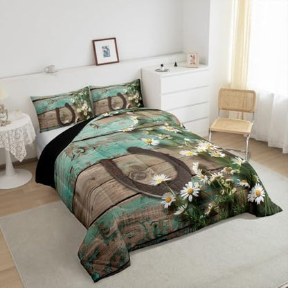 Rustic Farmhouse Bedding Set Teal Country Wooden Barn Door Down Comforter Twin Western Horseshoe Daisy Decor Comforter Set for Kids Boys Girls Teen Cowboys Cowgirls Quilt Duvet Sets 1 Pillow Case