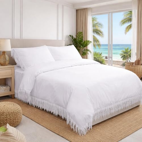 FADFAY 4 Piece Boho Duvet Cover Set Twin Size, Bohemian Chic Cotton Bedding with Bed Skirt, Elegant Tassel Accents, Pure White