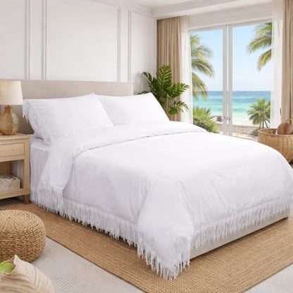 FADFAY 4 Piece Boho Duvet Cover Set Twin Size, Bohemian Chic Cotton Bedding with Bed Skirt, Elegant Tassel Accents, Pure White