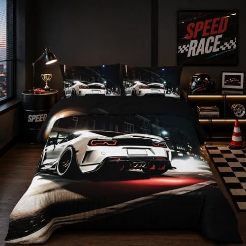 Nttopship Sports Car Comforter Set Twin Size,100% Soft Ultra-fine Fiber Four Season White Racing Car Comforter Set with 1 Comforter and 2 Pillow Case