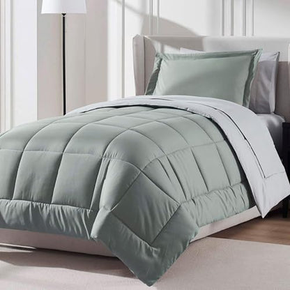 Nestl 7 Piece Twin Comforter Set – Sage Green Reversible Bed in a Bag – Complete Twin Size Bedding Set with Sheets, Set of 2 Down Alternative Pillows, Pillowcase and Sham