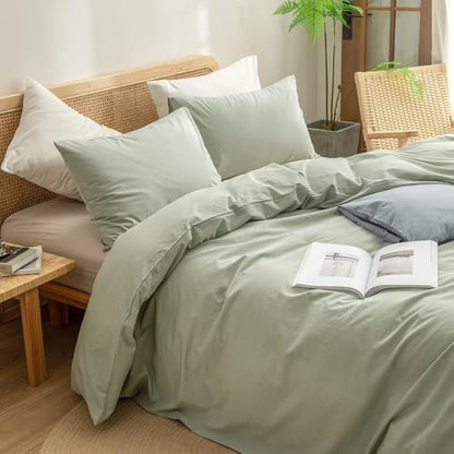 BESTOUCH Cotton Solid Duvet Cover Set Linen Feel Sage Green Alaska King