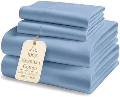 LANE LINEN King Size Sheets Deep Pocket Set Sateen - French Blue Swiss Dot