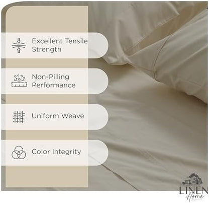 Linen Home 100% Cotton Percale Sheets California King Size, Light Taupe, Deep Pocket, 6 Pieces Set- 1 Flat, 1 Fitted and 4 Pillowcases, Crisp Cool and Long Staple Strong Bed Linen