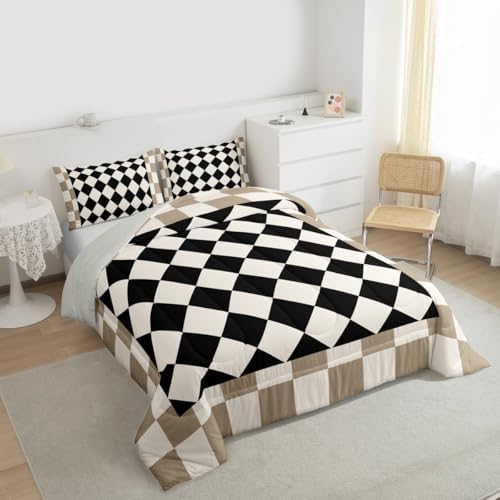 Feelyou Checkered Kids Comforter Set Queen Size Beige Brown Plaid Bedding Set Geometric Groovy Aesthetic Duvet Quilt for Kids Boys Girls Bedroom Reversible Grey Decor
