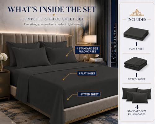 100% Egyptian Cotton Queen Sheet Set 6 Piece, Bed Sheets Set, Dark gray