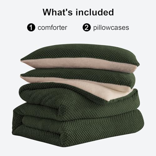 LLanCL 3D Jacquard Design Comforter Set, Ultra-Soft Warm King Size Sherpa Fur Plush 3-Pieces Sets Luxury Cozy Bedding with 2 Pillowcases (104"x90", Dark Green)