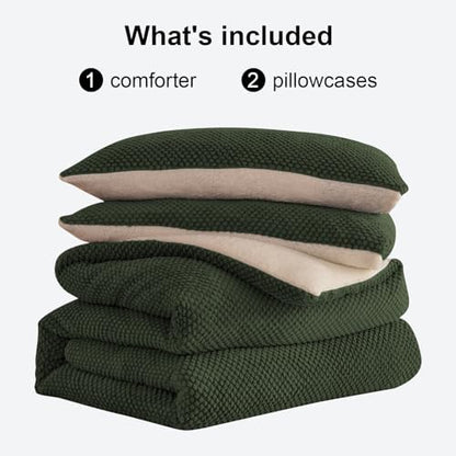 LLanCL 3D Jacquard Design Comforter Set, Ultra-Soft Warm Queen Size Sherpa Fur Plush 3-Pieces Sets Luxury Cozy Bedding with 2 Pillowcases (90"x90", Dark Green)
