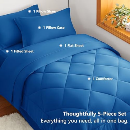 CozyLux Twin XL Comforter Set 68"x88" Classic Blue - 5 Piece Bed in a Bag