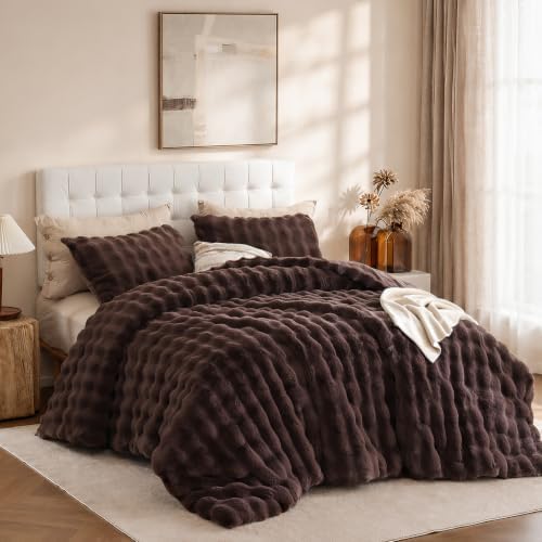 YIKUSH Full Faux Fur Soft Comforter Set, Fluffy Brown Rabbit Fur Comforter