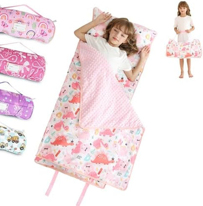 Toddler Nap Mat for Preschool 50''x30'' Sleeping Mat with Removable Pillow and Minky Blanket for Kids Ages 3-7 Roll Up Soft Sleeping Bag for Boys Girls Kindergarten Daycare Sleepover