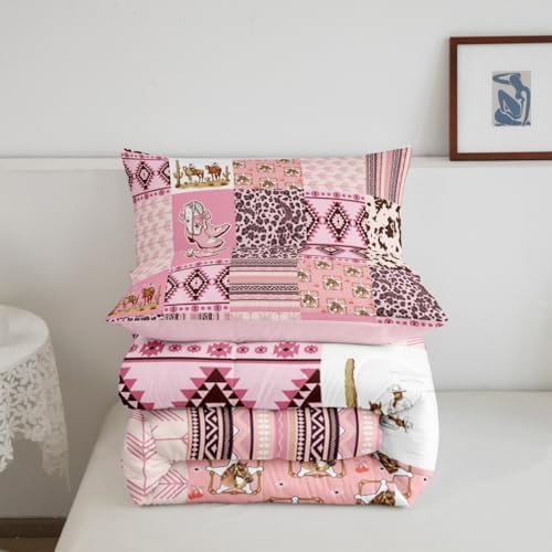 Feelyou Pink Aztec Bedding Set Twin Size, Kids Western Decor Comforter Set Wild West Cowboy Cowgirl Comforter Boho Style Duvet Insert Bed Set 2Pcs