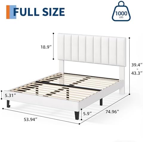 Garvee Full Size Platform Bed Frame with Upholstered Headboard, White
