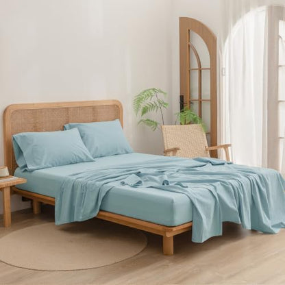 BESTOUCH Sheet Set 100% Washed Cotton Linen Feel Super Soft Comfortable Chic Lightweight 4 Pcs Home Bedding Set Solid Hushed Green Queen