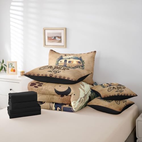 Erosebridal Happy Camping 7 Piece Bedding Set Leopard Print Camper Full Size Bed In A Bag For Kids Teens Adult Bedroom Vintage Rv Farmhouse Comforter Set With Sheets Rustic Cabin Lodge Bed Sets, Brown