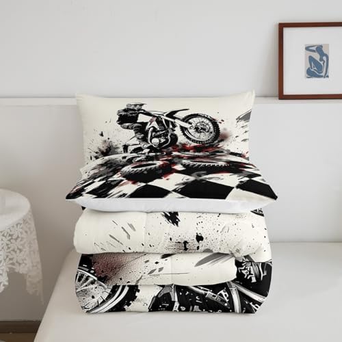 Feelyou Dirt Bike Comforter Set King Size Motorbike Bedding Set Ultra Soft Racing Motocross Rider Comforter for Kids Boys Girls Extreme Sports Duvet Quilt Bedroom Decor Cool Quilt