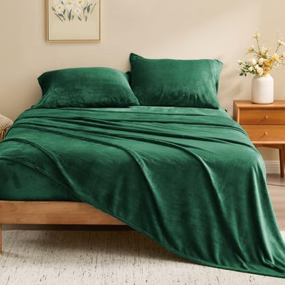 BEDELITE Flannel Sheets Queen Size, Dark Green, 4 Pieces