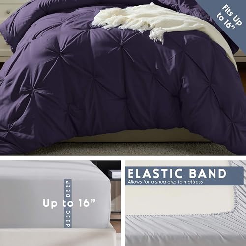 Nestl 7 Piece Twin XL Comforter Set – Purple Pinch Pleated Bed in a Bag – Complete Twin XL Size Bedding Set with Sheets, Set of 2 Cooling Pillows, Pillowcase and Sham